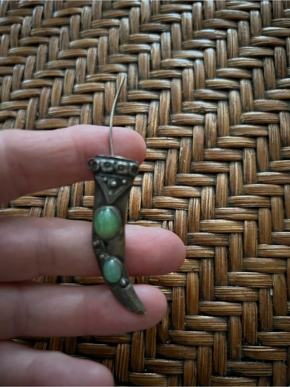 Silver  Horn Pin with Green Stones (possibly turquoise) with flowers on top.